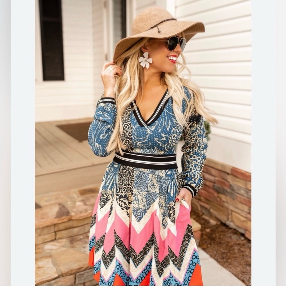 Brand New Anthropology Maeve Sporty Chevron/ Peacock Print Dress - Size 16